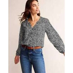 Boden‎ Black White Speckle Print V Neck Long Sleeve Button Front Blouse Top 8